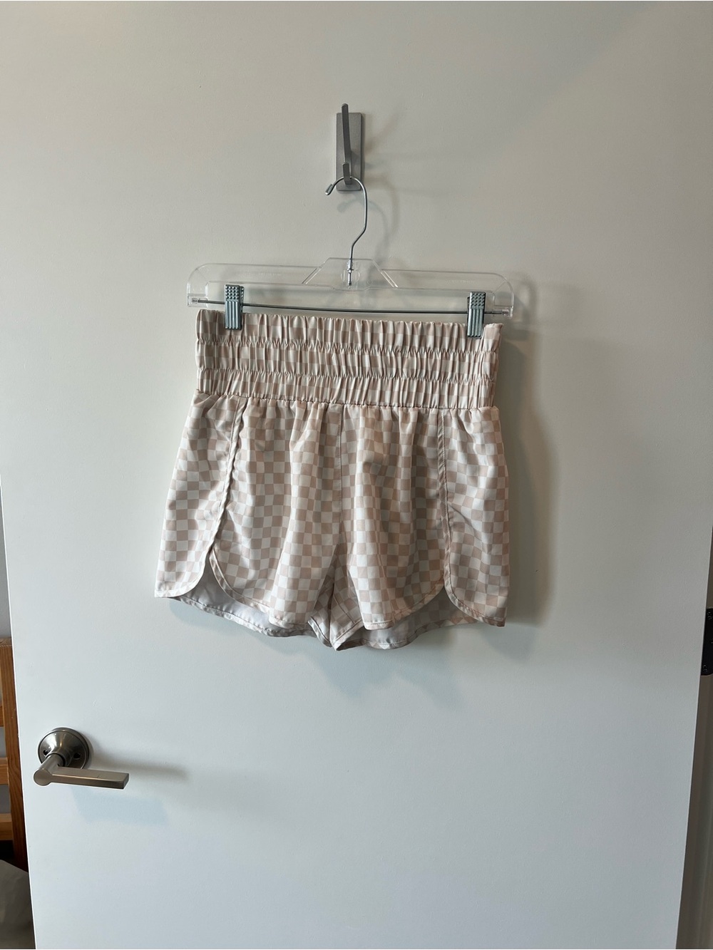 Pink Lily Cream Checkered Satin Athletic Shorts